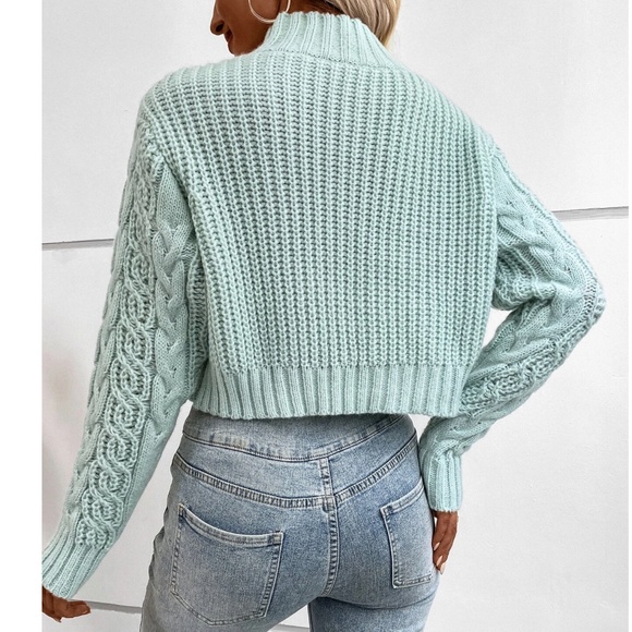 Cozy Mint Mock Neck Chunky Cable Knit Cropped Sweater Top - Picture 5 of 8